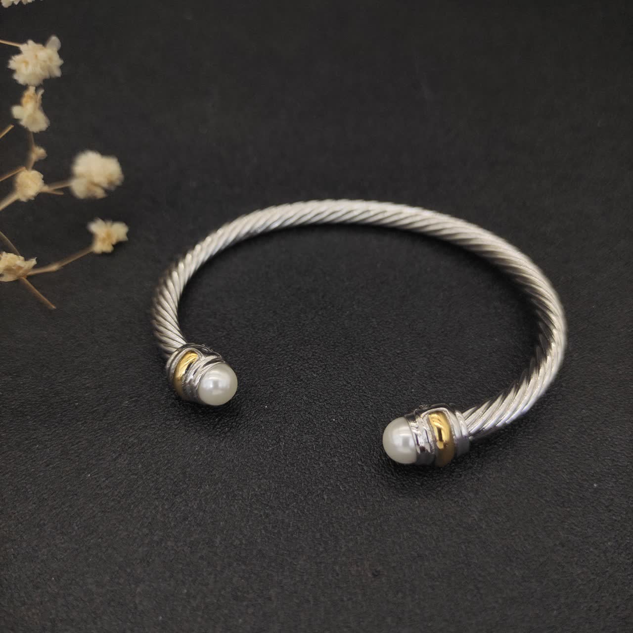 David Yurman Silver Cable Wire Bangle Bracelet with Pearl Ends